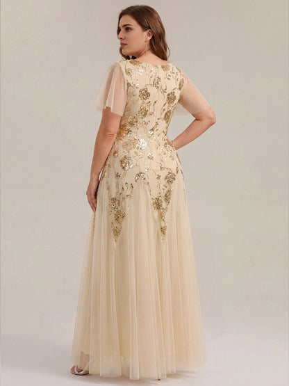 roselledress champagne gold floral sequin plus size formal gown zipper back floor length tulle wedding guest dress back view