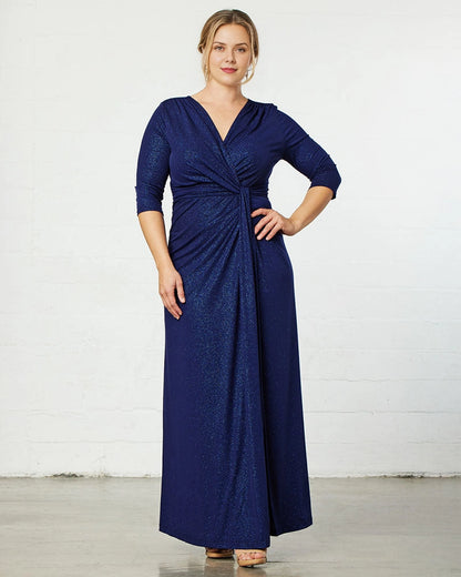 Champagne Plus Size Shimmer Twist‑Front 3/4 Sleeve Maxi Wedding Guest Dress