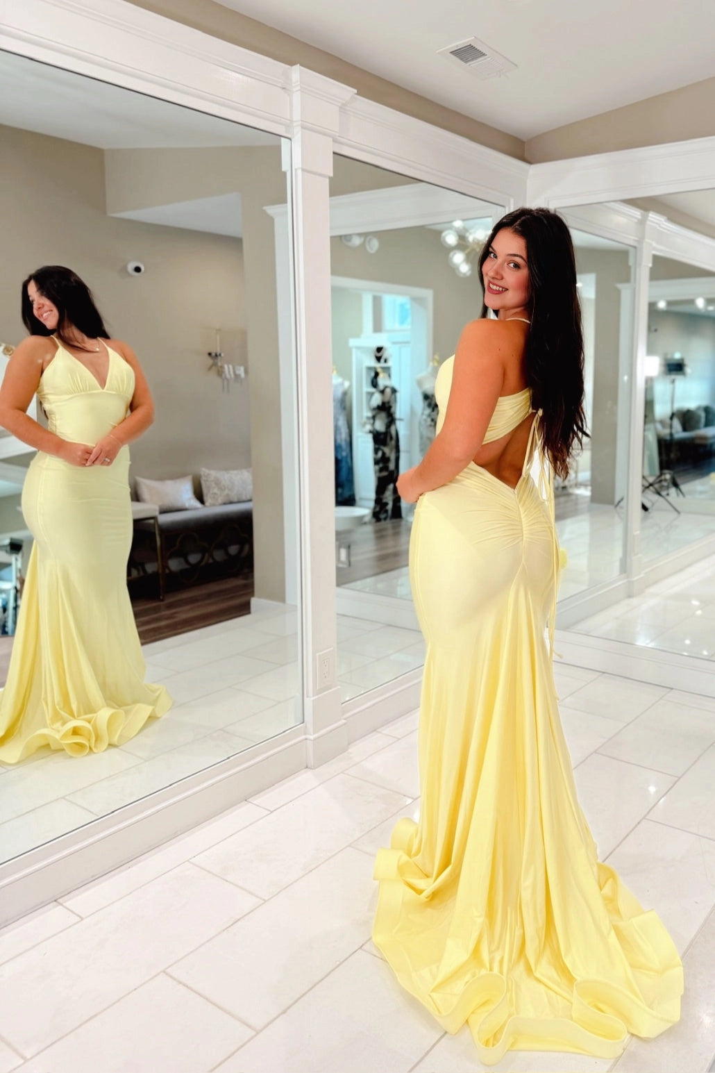 Roselledress Plus Size Mermaid Halter V-Neck Lace Up Back Long Evening Dress