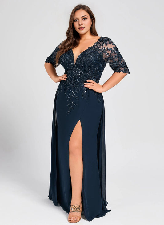 Roselledress navy plus size evening dress v neck lace 3/4 sleeve high slit front view