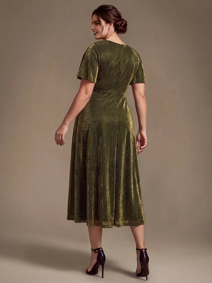 Roselle Dress plus size olive shimmer mother of the groom gown, back zipper, flowy midi dress back view