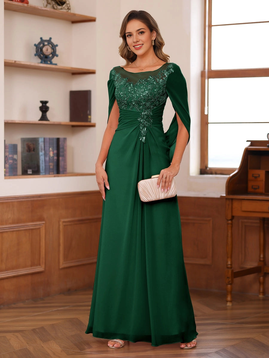 Ruched A-Line Bateau-Neck Cape-Sleeve Keyhole-Back Floor-Length plus size Mother Of Bride Dress