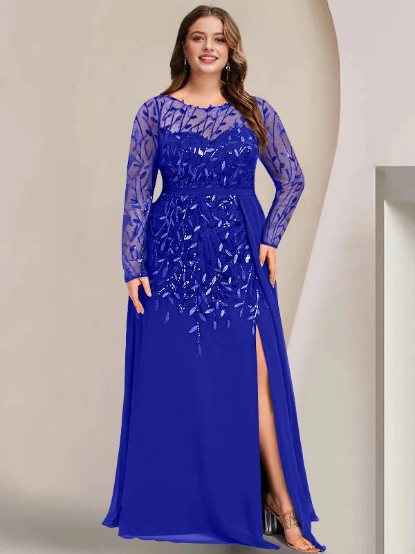 Roselledress Luxury Sheath Bateau Neck Long Sleeve Mesh Back Navy Sequin Chiffon Slit Plus Size Mother Of The Bride Dress