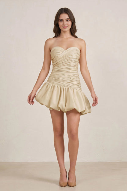 roselledress champagne satin strapless sweetheart ruched bubble mini homecoming dress front studio view