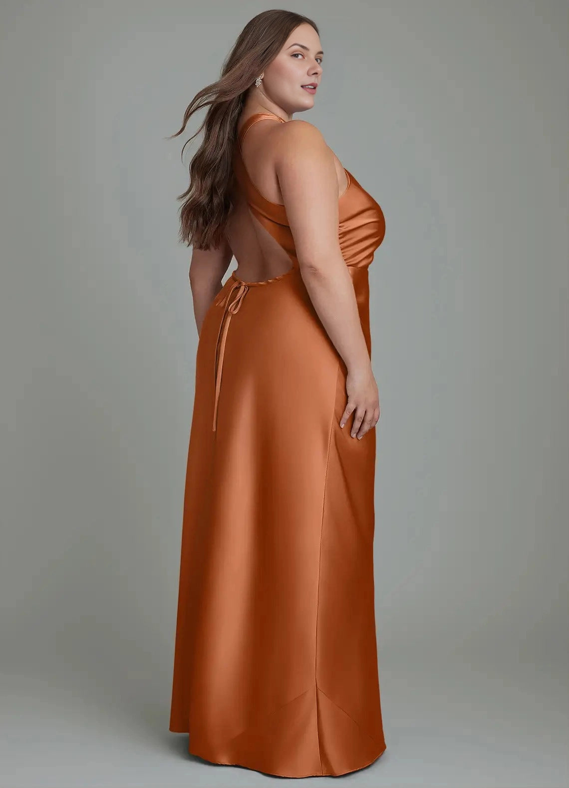Chocolat Plus Sizee Satin Mermaid Halter Sleeveless Open Back Maxi Bridesmaid Dress