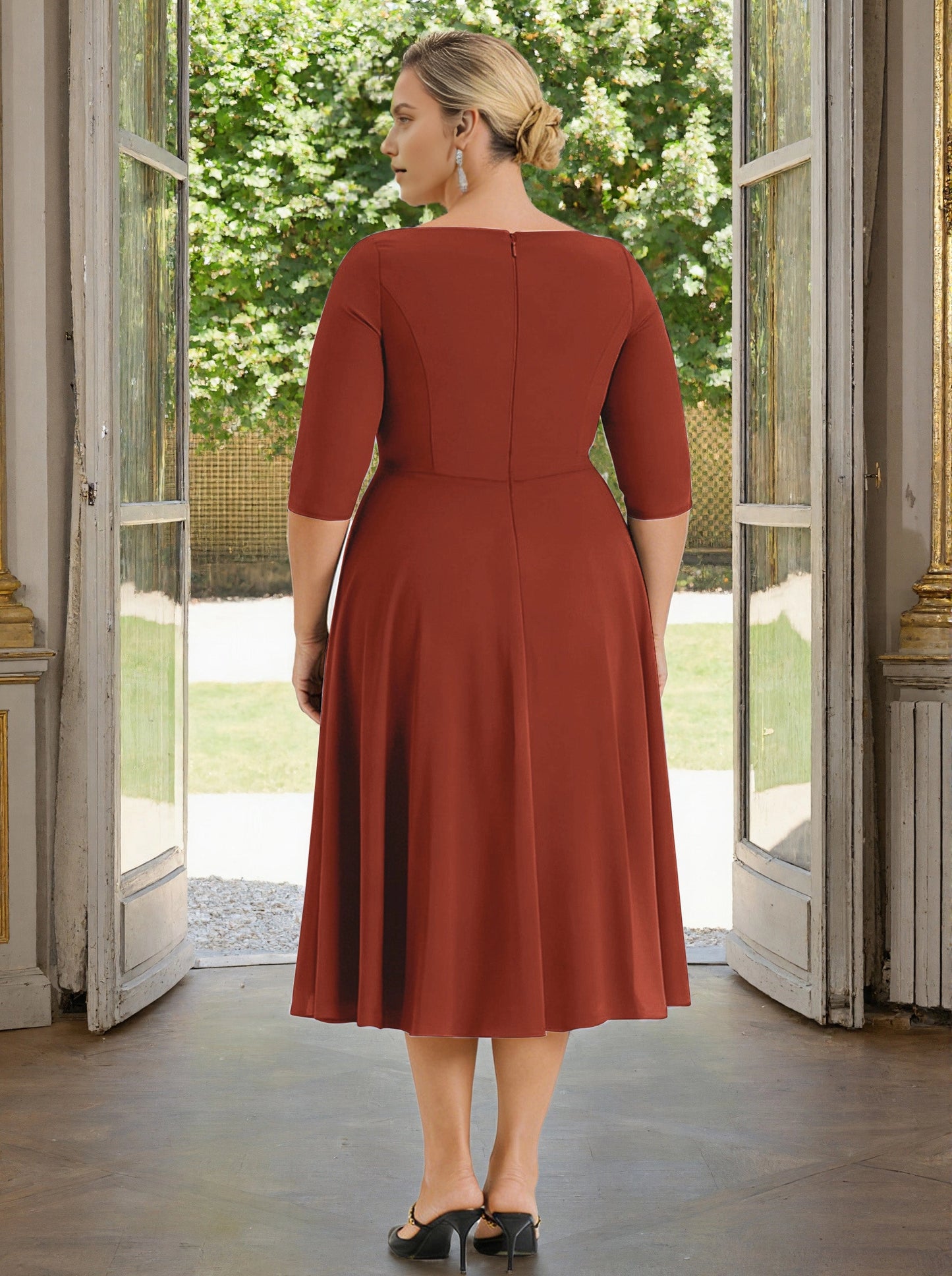 Back view Roselledress rust red midi mother of bride gown, plus size formal dress with solid zip‑back and tailored seaming details