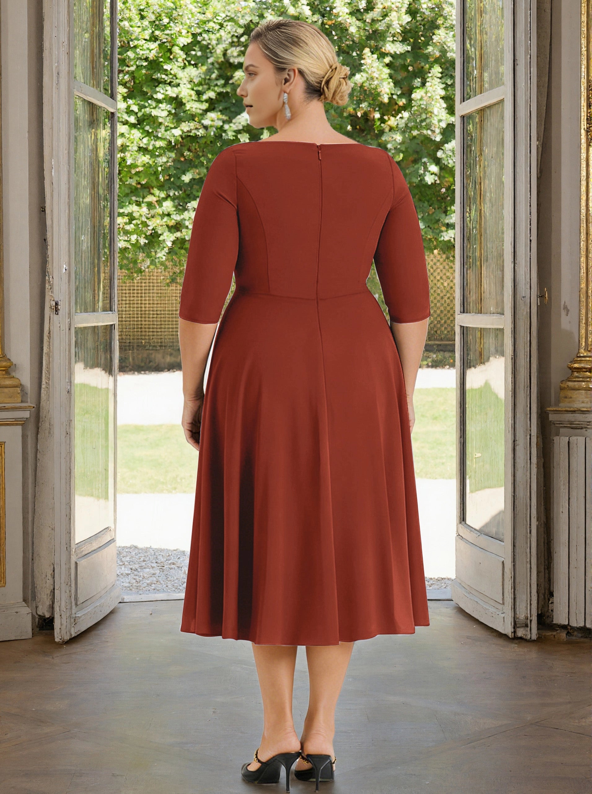Back view Roselledress rust red midi mother of bride gown, plus size formal dress with solid zip‑back and tailored seaming details
