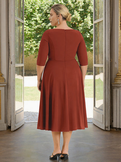 Back view Roselledress rust red midi mother of bride gown, plus size formal dress with solid zip‑back and tailored seaming details