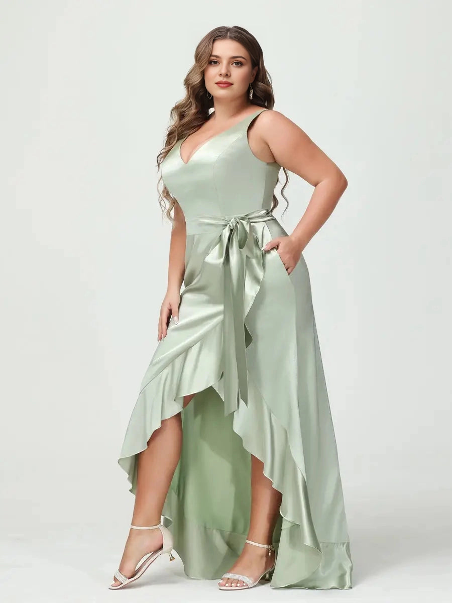 Elegant High-Low V-Neck Sash-Tie Zip-Back Plus Size Satin Prom Dress