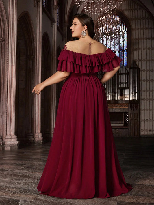 Back view Roselledress burgundy plus size a‑line prom dress illusion mesh back floor‑length formal bridesmaid gown