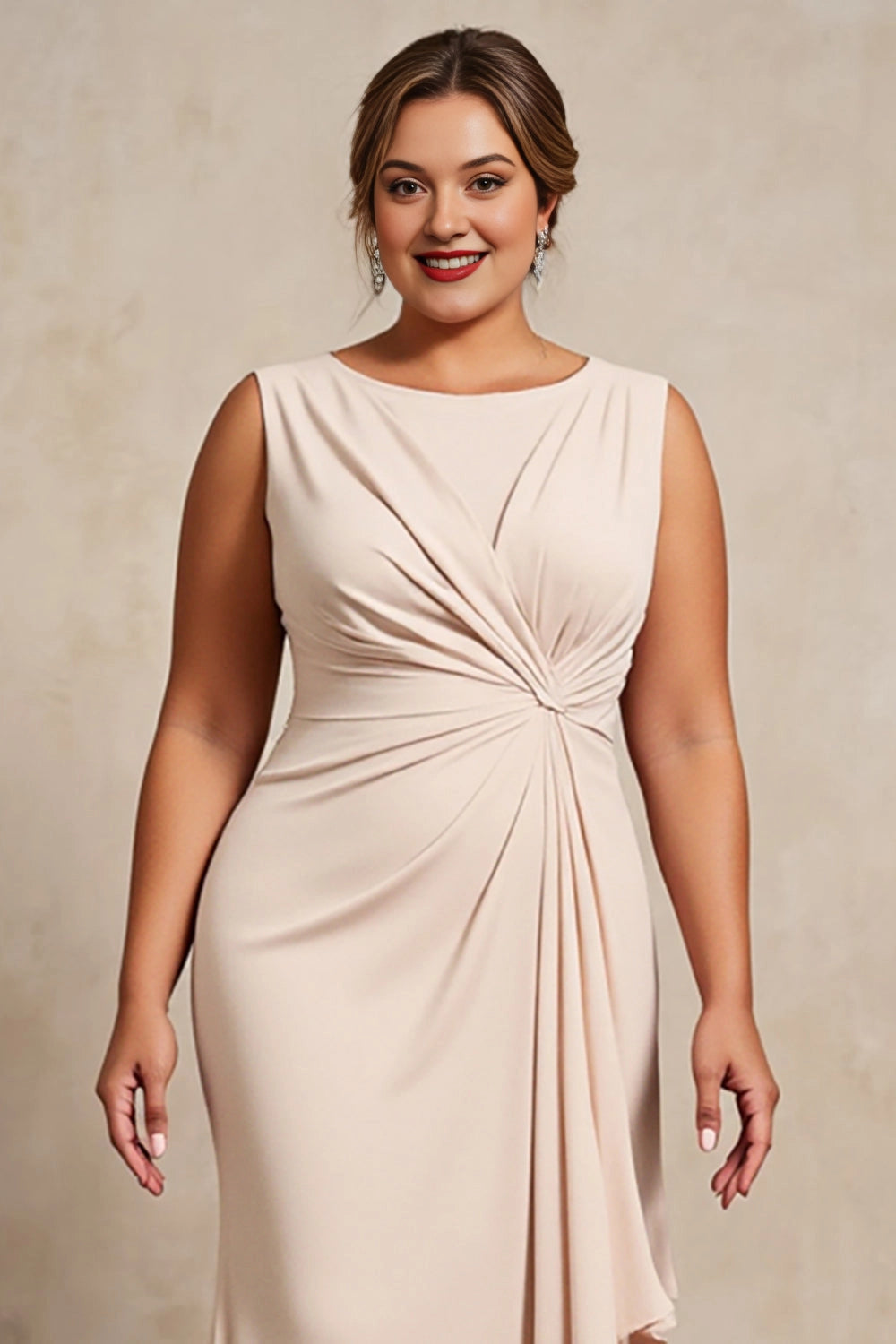 Champagne Mermaid Bateau Sleeveless Keyhole Floor-Length Plus Size Wedding Guest Dress