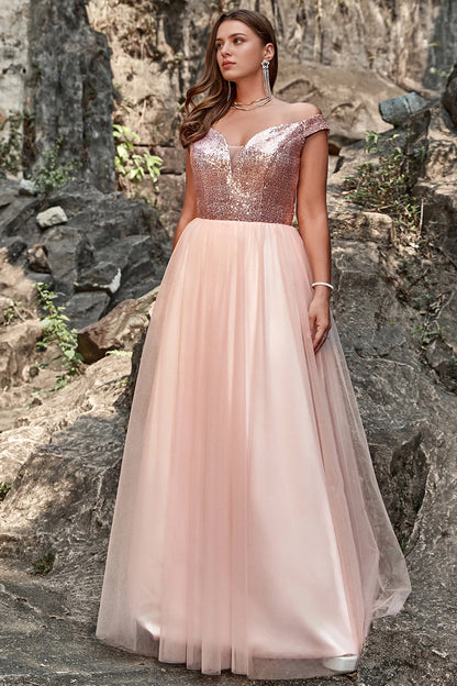 Blush Plus Size A‑Line Off‑Shoulder Cap Sleeve Zipper Back Long Prom Dress