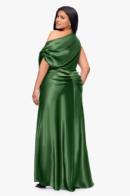 Elegant Sheath Asymmetric Neck Draped Sleeve Ruched Back Plus Size Wedding Guest Dress