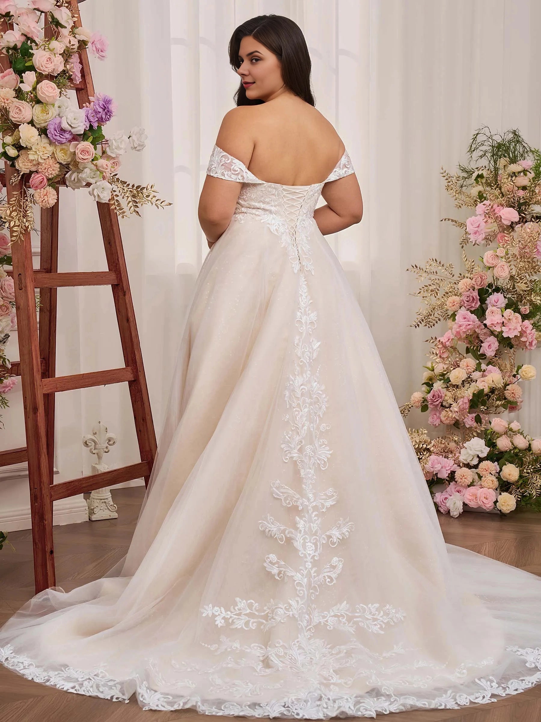 Back view Roselledress plus‑size bridal gown lace‑up corset back off‑shoulder champagne tulle long lace train wedding dress