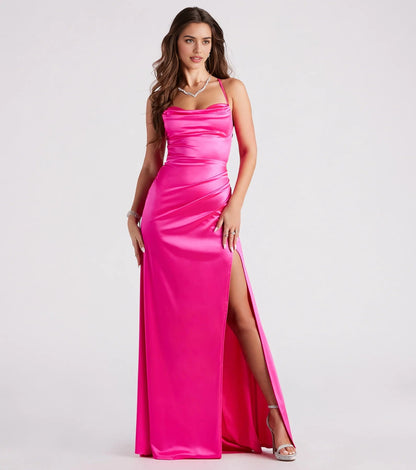 Slim Maxi Spaghetti Lace-Up Back Ruched Long Prom Dress