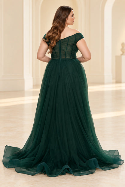 Plus Size Romantic Tulle A-Line V-Neck Cap-Sleeve Illusion-Back Floor-Length Prom Dress