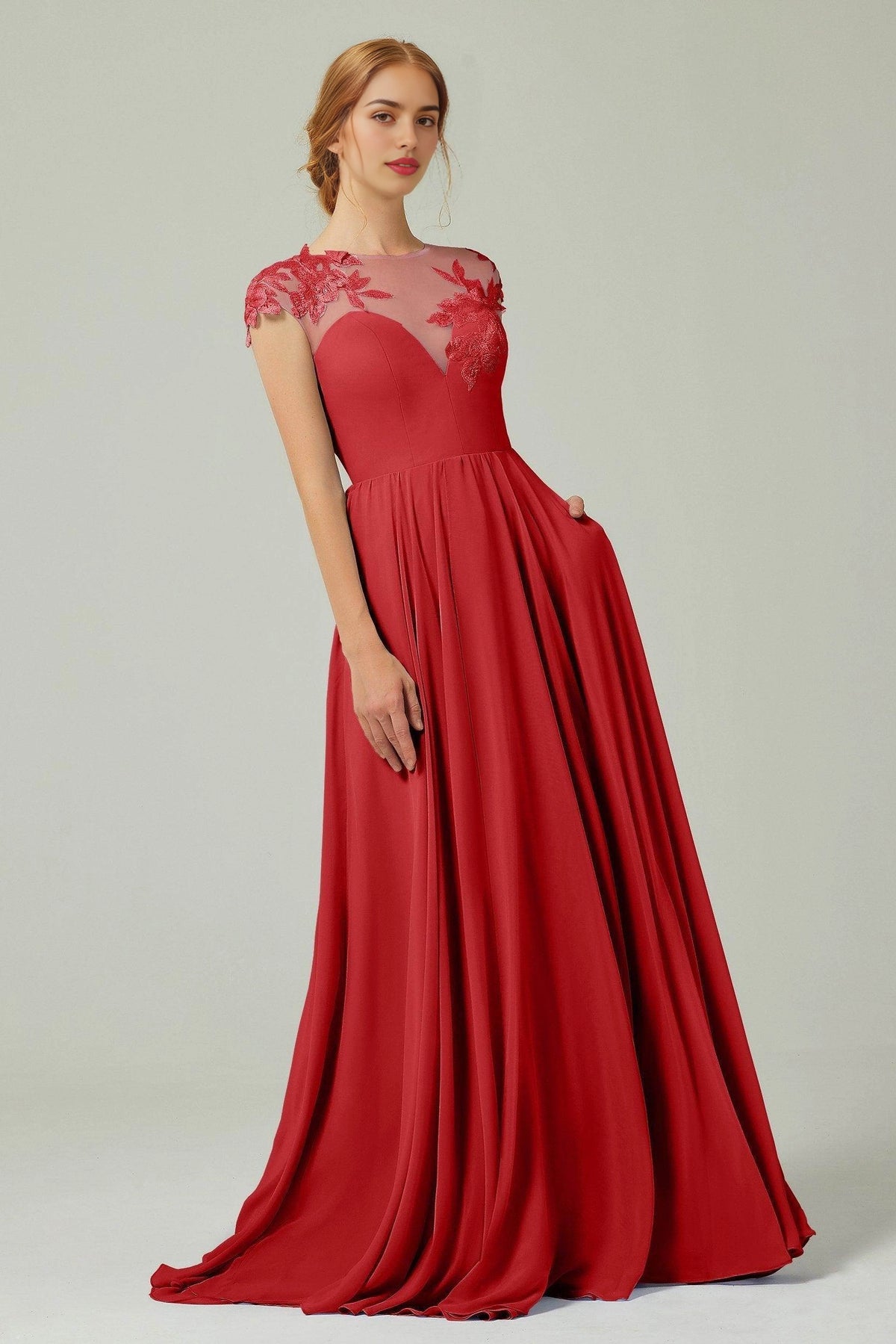 Plus Size Romantic A-Line Illusion Neck Cap Sleeve Button Back Long Bridesmaid Dress