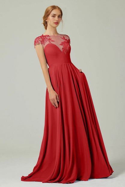 Plus Size Romantic A-Line Illusion Neck Cap Sleeve Button Back Long Bridesmaid Dress