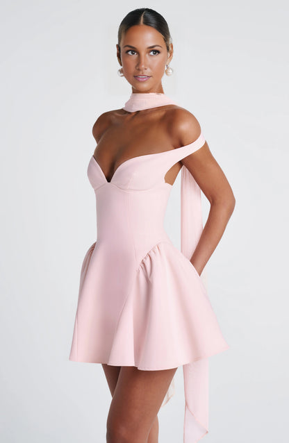 Flared Off Shoulder Deep V Open Back Mini Homecoming Dress