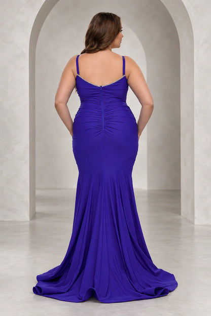 Elegant Jersey Mermaid V-Neck Sleeveless V-Back Floor-Length Plus Size Prom Dress