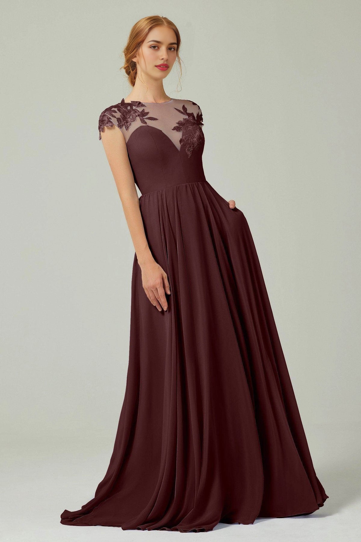 Plus Size Romantic A-Line Illusion Neck Cap Sleeve Button Back Long Bridesmaid Dress