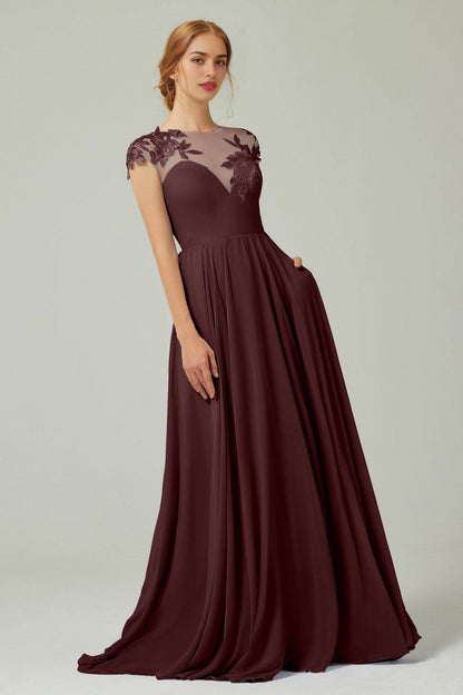Plus Size Romantic A-Line Illusion Neck Cap Sleeve Button Back Long Bridesmaid Dress