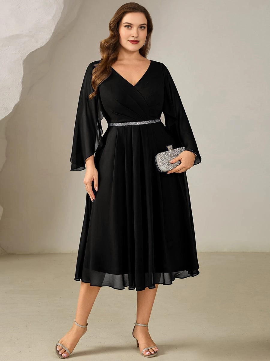 Plus Size A-Line V-Neck Cape Sleeve Elastic-Back Mother of the Bride Dress