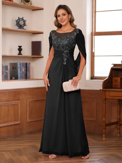 Ruched A-Line Bateau-Neck Cape-Sleeve Keyhole-Back Floor-Length plus size Mother Of Bride Dress