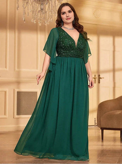 Luxurious A‑Line V‑Neck Flutter‑Sleeve V‑Back Floor‑Length Plus Size Wedding Guest Dress