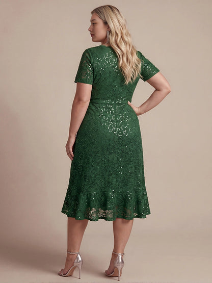 Roselledress plus size sequin lace midi dress back view, short sleeve zipper back dark green cocktail evening gown