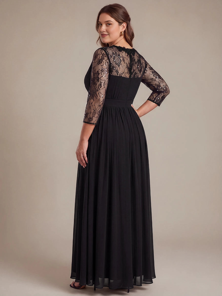 Plus Size Sequin Lace V-Neck 3/4 Sleeve Empire Long Mother of Bride Dress