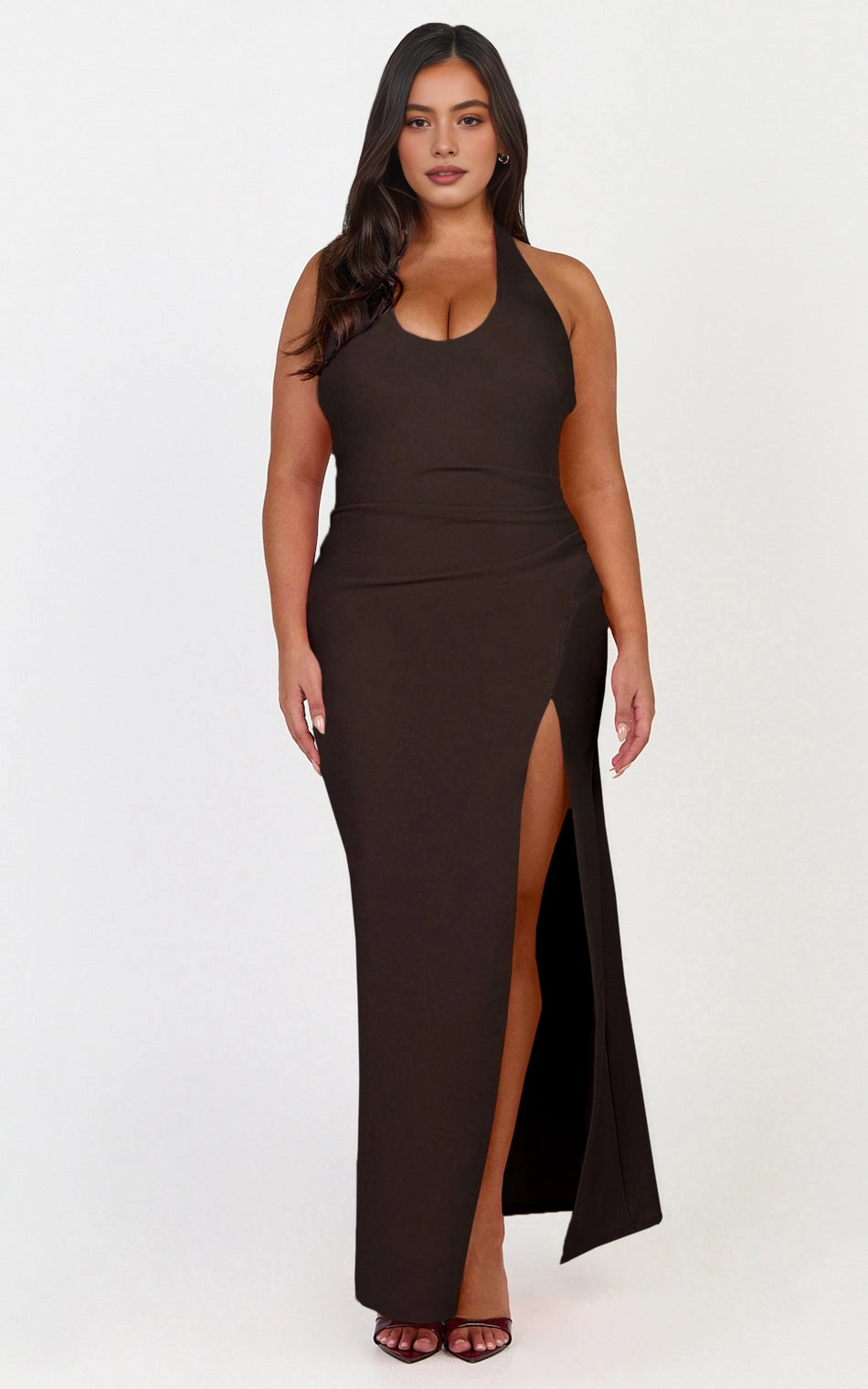 Bodycon Halter U Neck Open Back High Slit Plus Size Wedding Guest Maxi Dress 