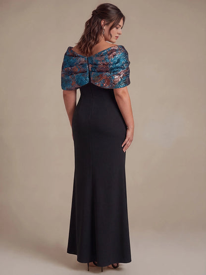 Roselledress Black Mermaid Off Shoulder Bow Sleeve Button Back Floor Length Plus Size Wedding Guest Dress 