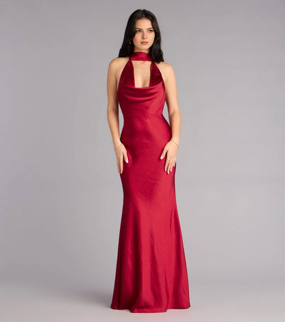 Roselledress Luxury Mermaid Halter Cutout Tie-Back Satin Maxi Plus Size Prom Dress