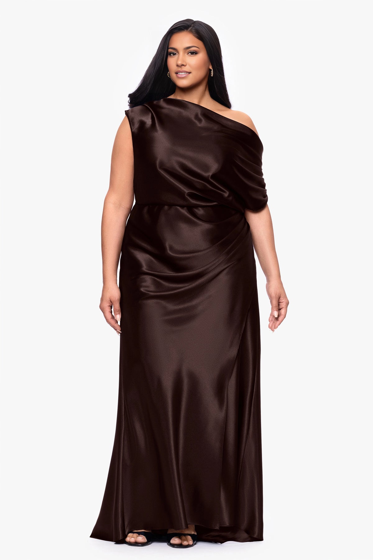 Elegant Sheath Asymmetric Neck Draped Sleeve Ruched Back Plus Size Wedding Guest Dress