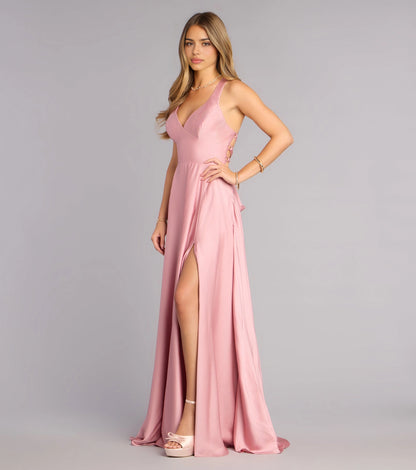 Roselledress Lustrous Satin Aline Spaghetti Criss CrossTie Back Plus size Slit Maxi Prom Dress