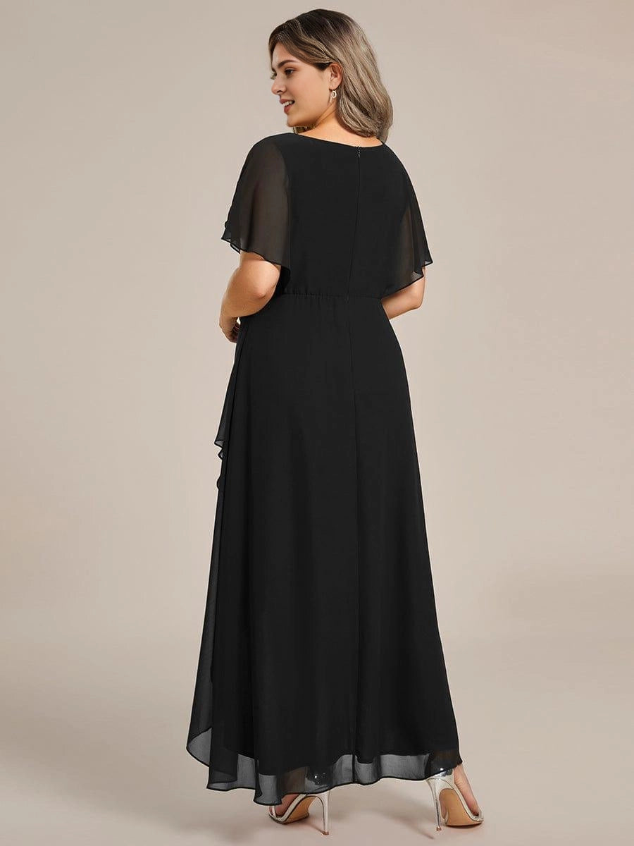 Roselledress Emerald A-Line V-Neck Flutter Sleeve Zip Back High Low Midi Plus Size Weeding Guest Dress