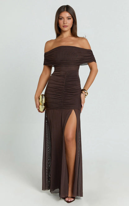 Ruched Off Shoulder Mesh High Slit Plus Size Wedding Guest Dress