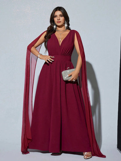 Plus Size Burgundy A‑Line Deep‑V Cape‑Sleeve Round‑Back Floor‑Length Prom Dress 