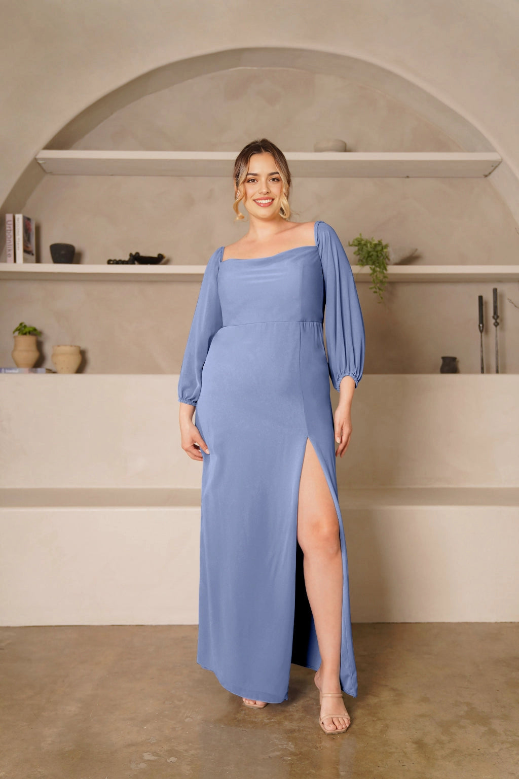 Elegant Sheath Square Neck Balloon Sleeve Zipper Back Plus Size Bridesmaid Dress