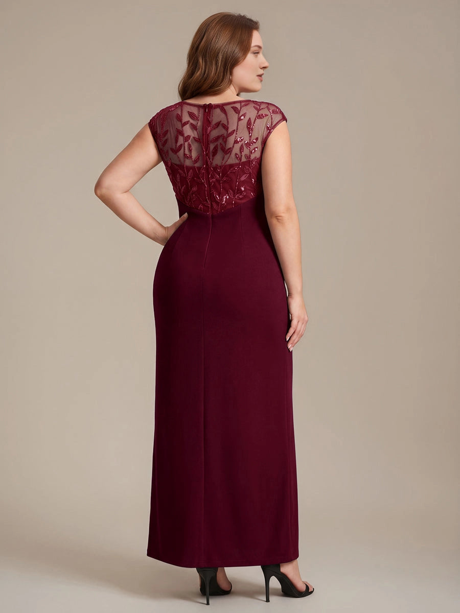Elegant Sheath Bateau Neck Cap Sleeve Sheer Back Floor-Length Mother of the Bride Dress