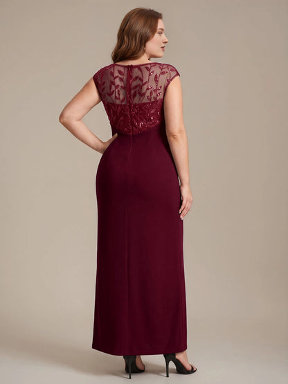 Elegant Sheath Bateau Neck Cap Sleeve Sheer Back Floor-Length Mother of the Bride Dress