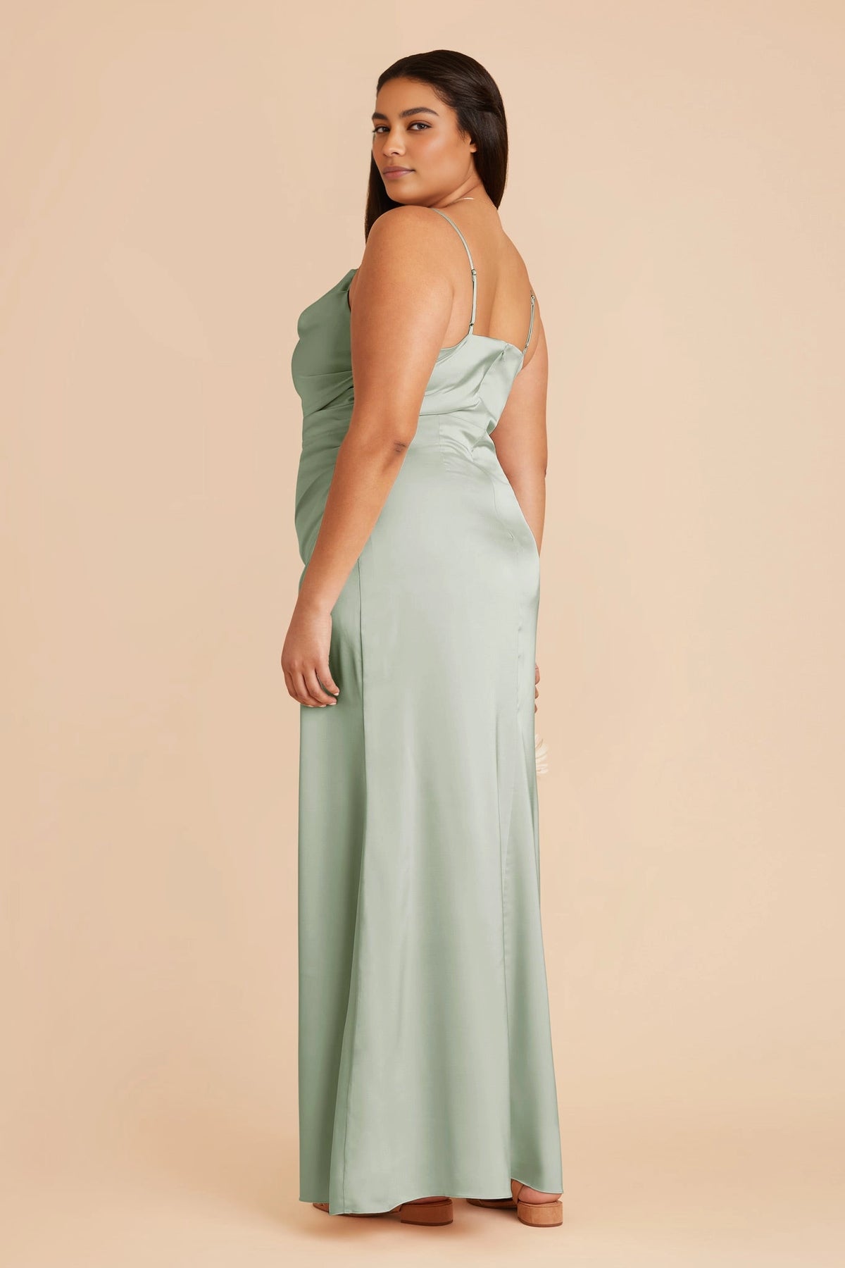 Elegant Satin Sheath Cowl Neck Spaghetti Strap Zipper Back Floor Length Plus Size Bridesmaid Dress