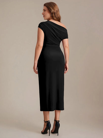 Roselledress Slim Midi Off-Shoulder Short-Sleeve Solid-Back Slit-Length Plus Size Weeding Guest Dress