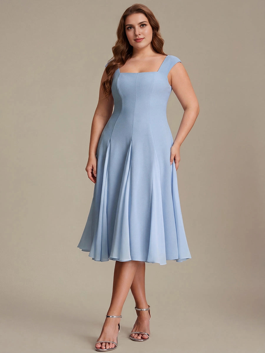 Roselledress Black White Color Block A-Line Square Cap Sleeve Zip Back Midi Plus Size Weeding Guest Dress
