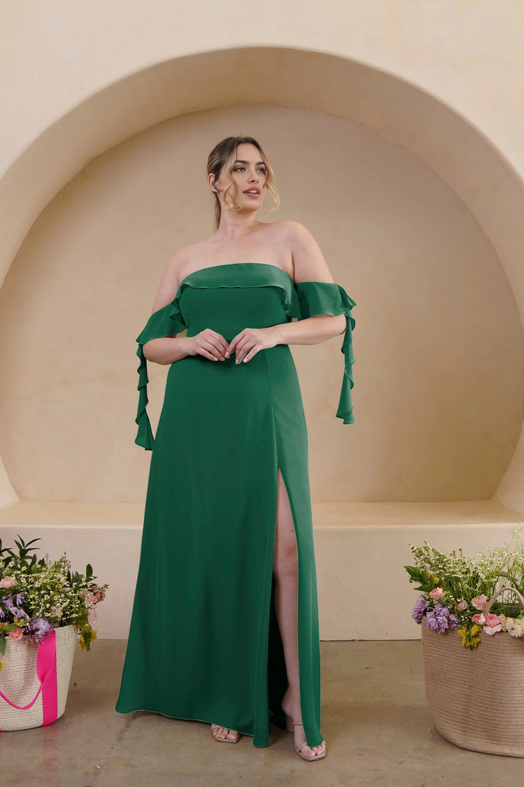 Elegant A-Line Straight Neck Ruffle Sleeve Zipper Back Floor Length Bridesmaid Dress