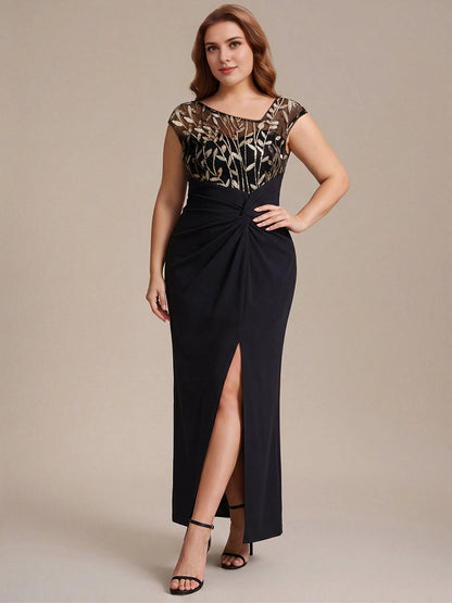 Roselledress Fitted Maxi Bateau Cap-Sleeve Mesh-Zip-Back Slit-Length Plus Size Weeding Guest Dress