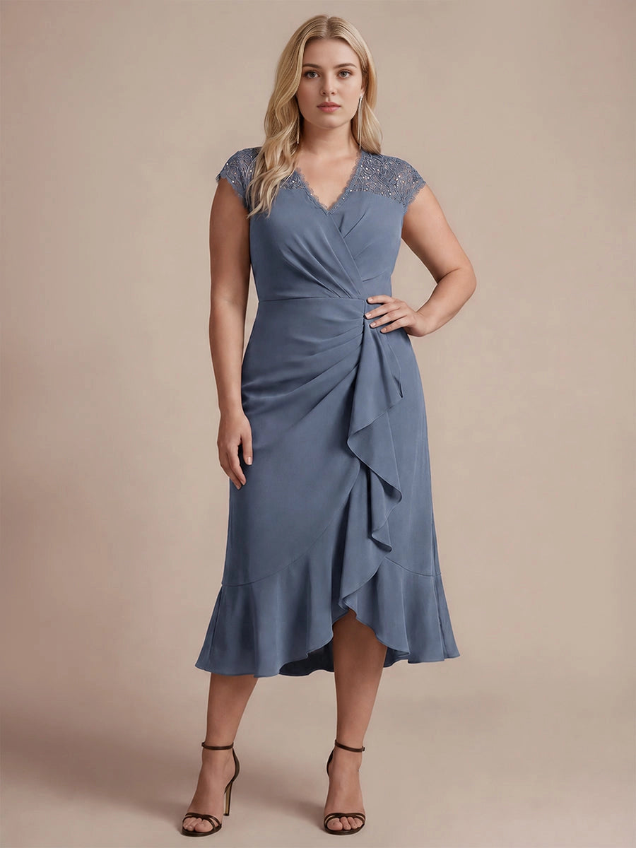 Roselledress Dusty Mauve Wrap V-Neck Lace Cap Sleeve Zip Back Midi Plus Size Weeding Guest Dress
