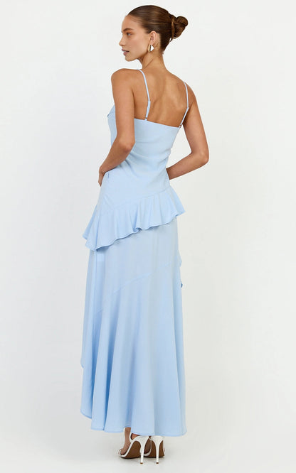Roselledress spaghetti strap formal dress plus size plain back adjustable straps ruffled asymmetrical maxi bridesmaid dress back view