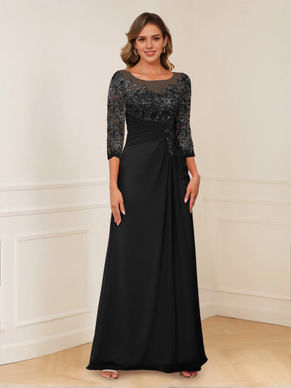 Ruched A-Line Bateau-Neck 3/4-Sleeve Keyhole-Back Floor-Length plus size Mother Of Bride Dress